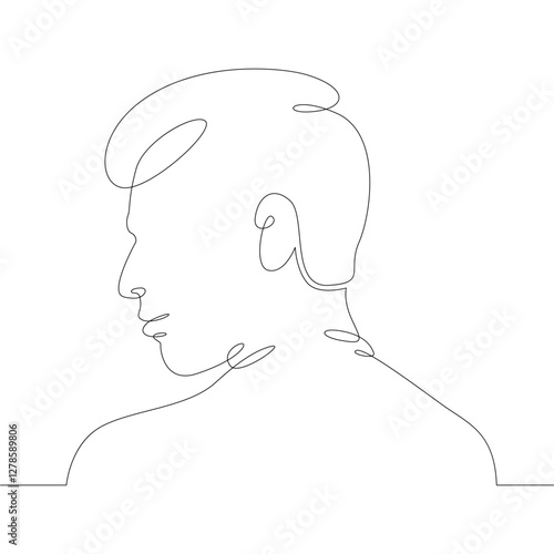 One continuous drawing line logo young man portrait profile head bust side view .Single hand drawn art line doodle outline isolated minimal illustration cartoon character flat