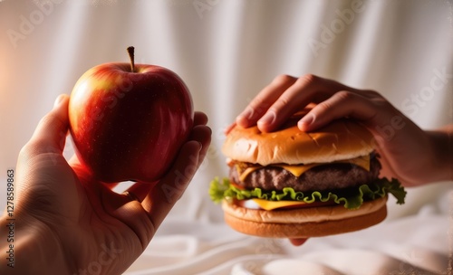 One hand holding apple fruit, other holding hamburger. Healthy natural organic fresh vegetarian food vs unhealthy processed fast junk food meat. Nutrition diet lifestyle, fitness eating choice S