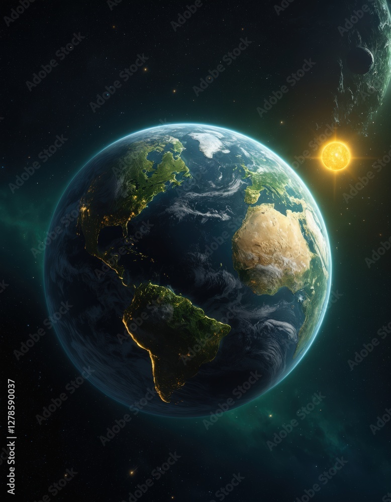Distant Earth-Like Exoplanet with Moons and Atmosphere. Space exploration visuals, astronomy documentaries, educational backgrounds, book covers, background, wallpaper, banner, poster Distant Earth-Like Exoplanet with Moons and Atmosphere. Space exploration visuals, astronomy documentaries, educational backgrounds, book covers, background, wallpaper, banner, poster
