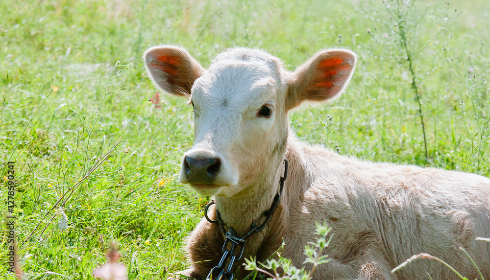 Fototapeta premium Close-up of a cute white-headed cow resting on a lush grass field
