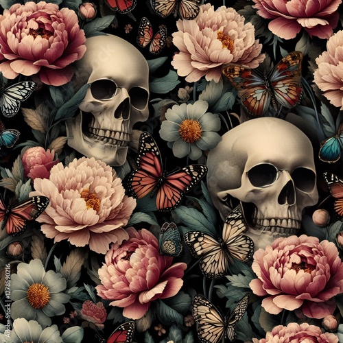 Vintage floral background with skulls and butterflies. A gothic pattern of skulls