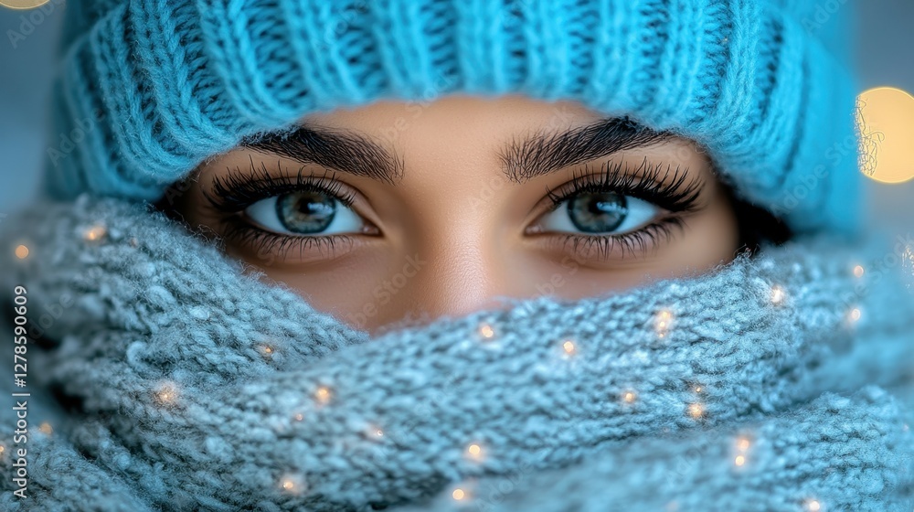 A woman with captivating blue eyes gazes out while wearing a thick knitted hat and a warm scarf, surrounded by soft, glowing lights that create a cozy winter atmosphere A woman with captivating blue eyes gazes out while wearing a thick knitted hat and a warm scarf, surrounded by soft, glowing lights that create a cozy winter atmosphere