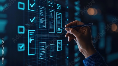 Hand engaging with digital checklist icons virtual workspace user interface technology close-up interaction with digital content