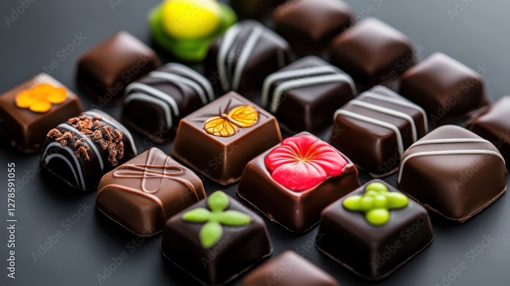 A row of assorted chocolates with different shapes and colors