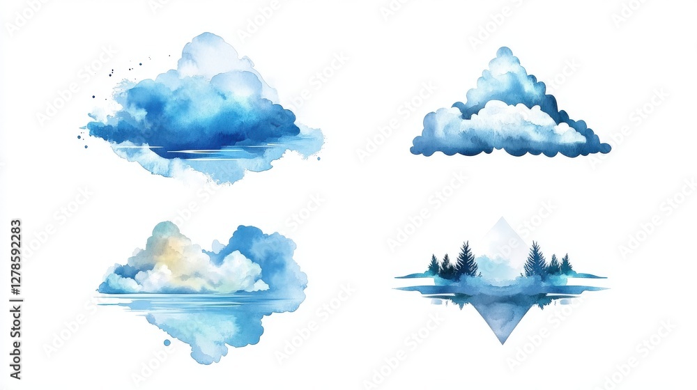 Fototapeta premium Watercolor Cloudscapes And A Serene Winter Landscape