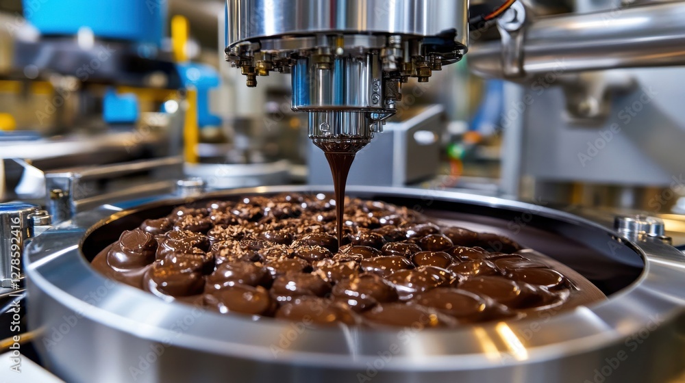 A machine is pouring chocolate into a pan A machine is pouring chocolate into a pan