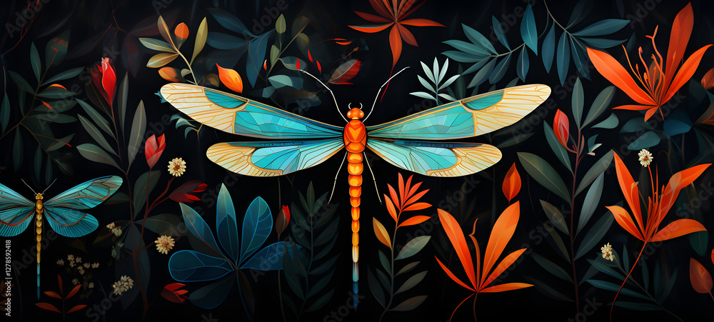 mosquito and leaves, colorful patterns on a dark background mosquito and leaves, colorful patterns on a dark background