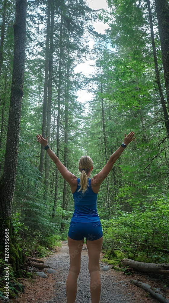 A woman in blue running attire stands with her arms raised
A woman in blue running attire stands with her arms raised