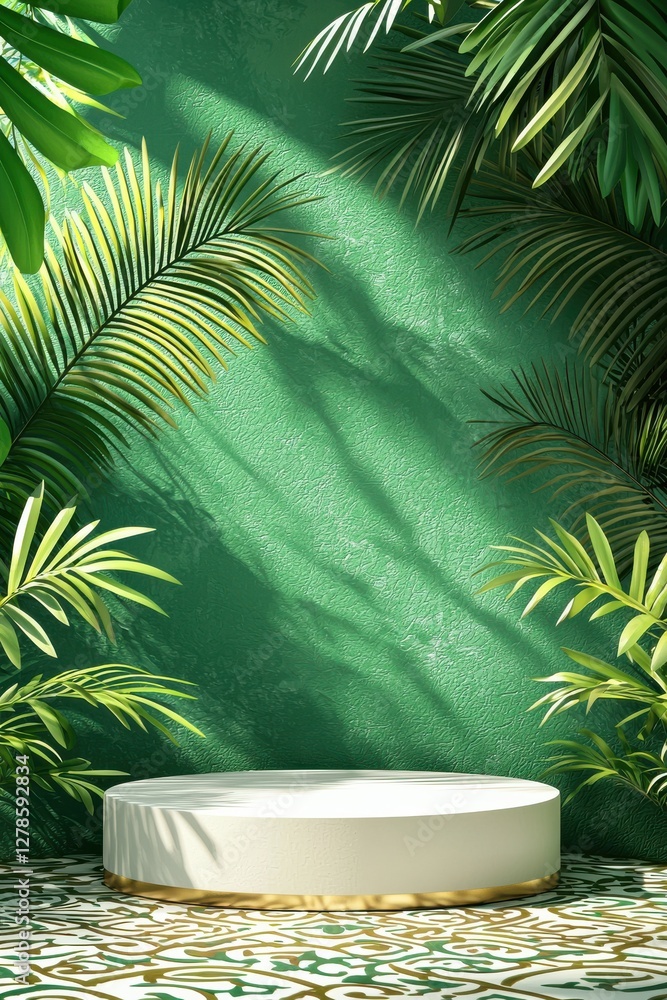 Elegant white podium surrounded by lush green tropical foliage and patterns Elegant white podium surrounded by lush green tropical foliage and patterns
