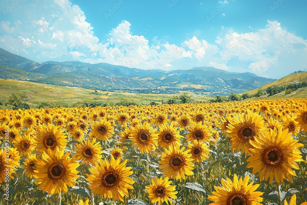 Fototapeta premium Sunflower blooms in vibrant fields mountain valley nature photography bright blue sky scenic view beauty of spring