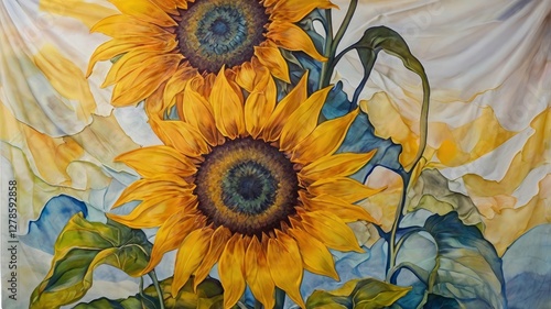 Abstract painting on silk with a view of sunflowers in the morning