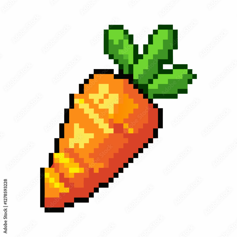 Fototapeta premium Pixel Art Carrot Icon with Green Leaves on White Background Retro Styled Vegetable Illustration for Games and Apps
