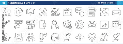 A set of line icons related to Technical Support. Support, help, care, message, call, network, community, solution, solve, gear, and so on. Vector editable stroke.