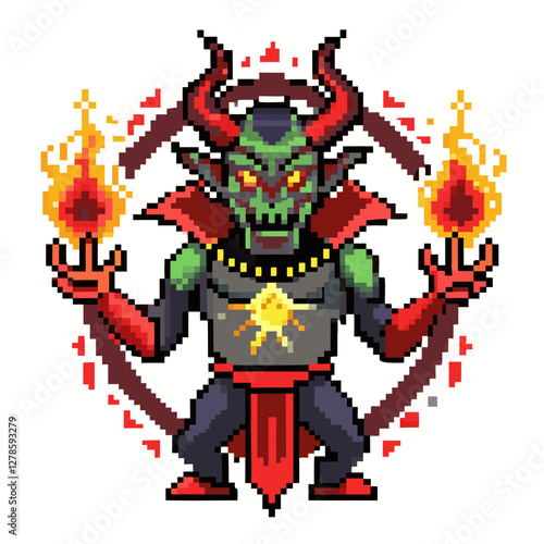 Pixel Art Demon with Horns and Fireballs in Hands   Retro Game Character Design