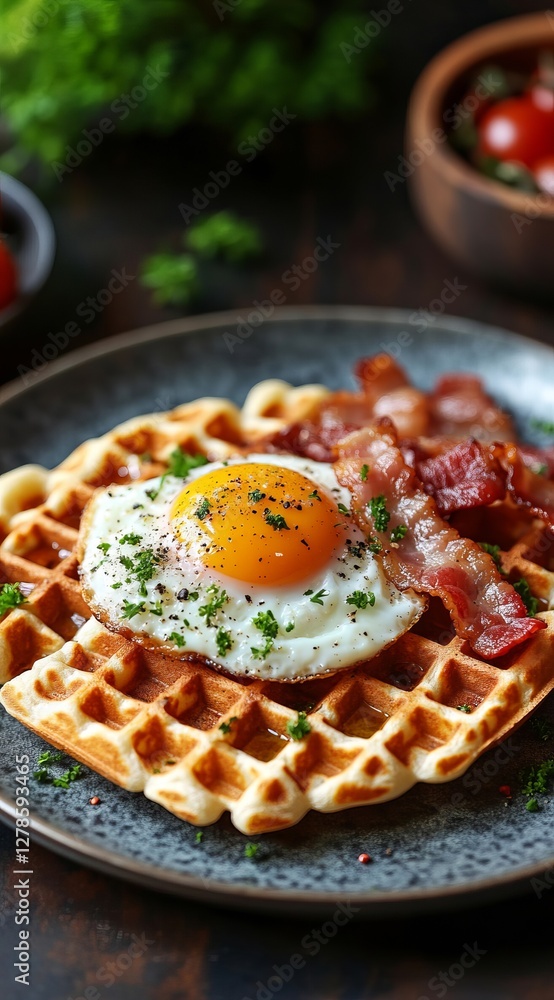Delicious Waffle Breakfast with Crispy Bacon and Sunny Side Up Egg on Plate, Gourmet Morning Meal