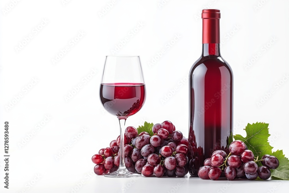 Obraz premium Red Wine Bottle Glass and Grapes Still Life Photography for Wine Labels Websites or Blogs