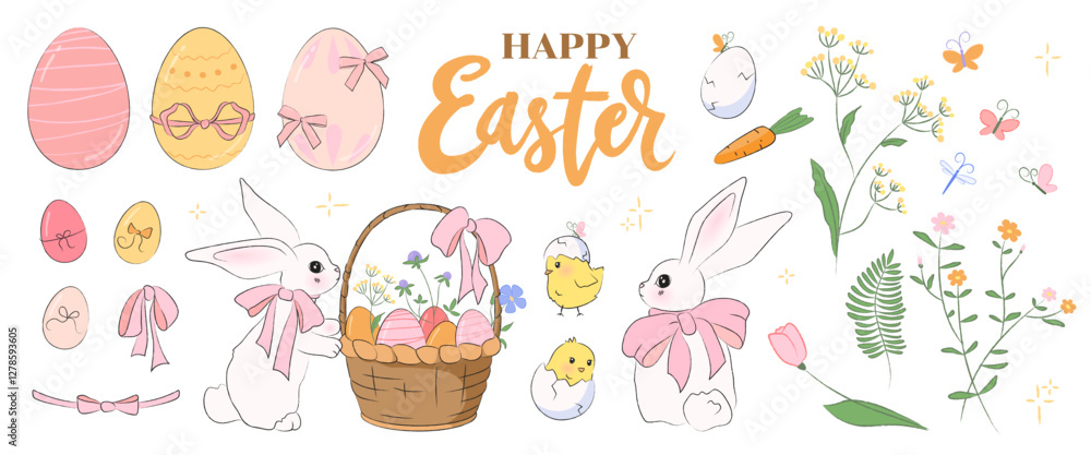 Collection of cute Easter illustrations of rabbits, eggs, baby chicks, flowers, bows and a wicker basket. Hand drawn decoration elements for spring designs, easter theme banner, poster, greeting card. Collection of cute Easter illustrations of rabbits, eggs, baby chicks, flowers, bows and a wicker basket. Hand drawn decoration elements for spring designs, easter theme banner, poster, greeting card.