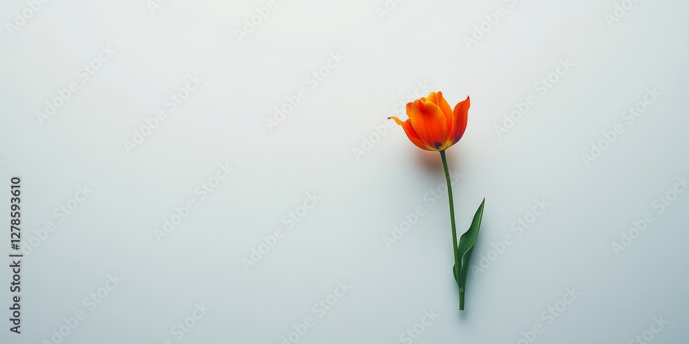 Fototapeta premium A red tulip with green leaves is growing on a white surface