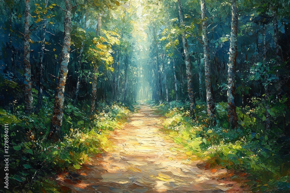 Obraz premium Forest pathway illuminated by sunlight tranquil nature scene scenic landscape peaceful environment serene view