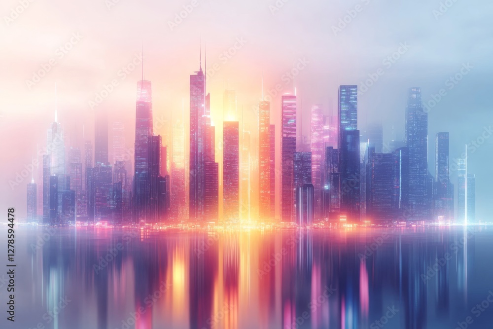 Futuristic Cityscape at Dawn Neon Lights Reflecting on Calm Water Futuristic Cityscape at Dawn Neon Lights Reflecting on Calm Water
