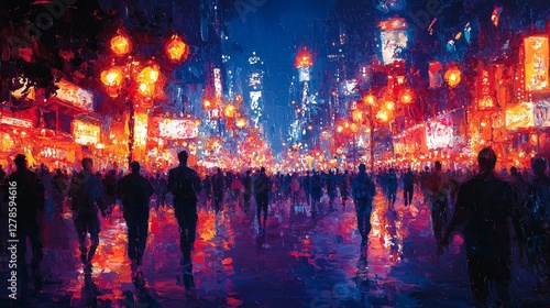 Wallpaper Mural Nighttime urban walk through colorful lanterns city streets digital art vibrant atmosphere cityscape perspective Torontodigital.ca