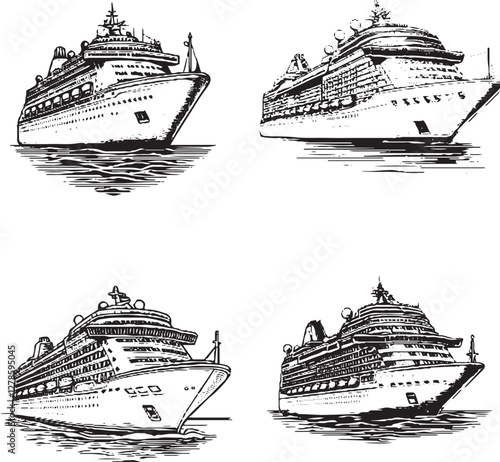 "Intricate Cruise Ship Illustrations - Black and White Nautical Designs"