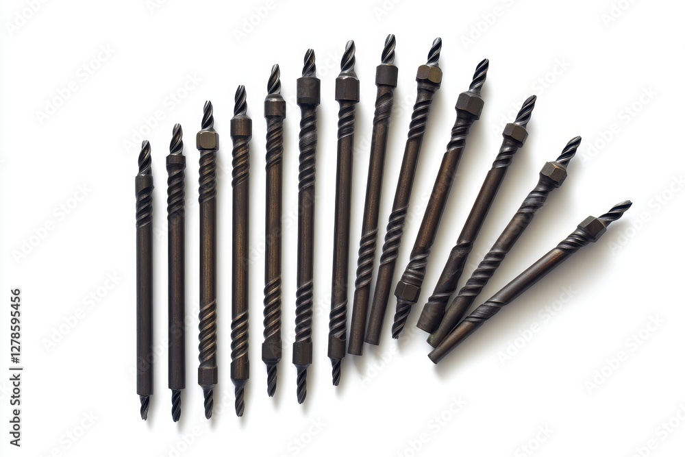 Collection of Twisted Drill Bits on White Background Collection of Twisted Drill Bits on White Background