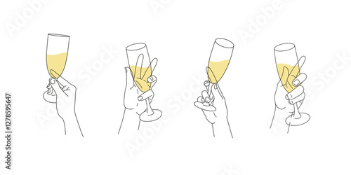 Set of hands holding champagne flutes. Minimalistic modern illustration with simple black outline and yellow color isolated on white. Celebrating and toasting at a special occasion