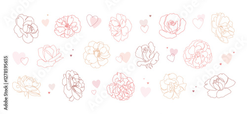 Collection of delicate and elegant flowers in vector. Continuous line peony and roses with hearts on white background. For wedding invitations, greeting cards, or decorative prints