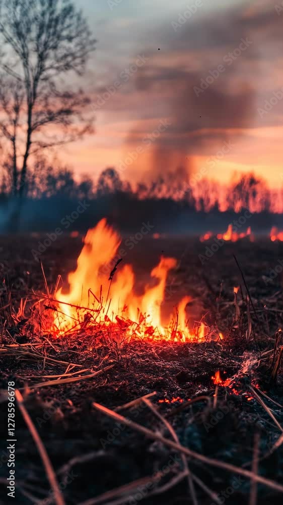 Flames consume dry grass during sunset near a forest in the countryside Flames consume dry grass during sunset near a forest in the countryside