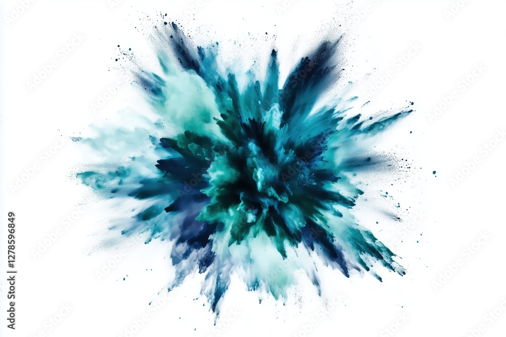 Exploding burst of blue and teal powder against white background. Creativity and energy concept Exploding burst of blue and teal powder against white background. Creativity and energy concept