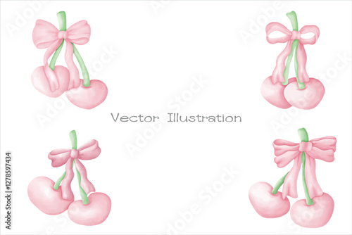 Coquette cherries with pink ribbon bow watercolor .vecter Illustrations.