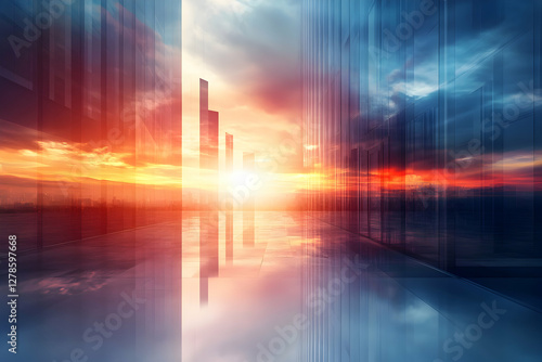 A futuristic cityscape with a stunning sunset reflection, blending modern architecture and digital aesthetics. Ideal for technology, sci-fi, and innovation themes.
