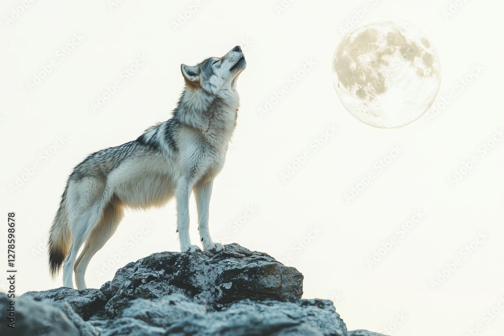Fototapeta premium Majestic Gray Wolf Howling at the Moon on Rocky Peak Nature Wildlife