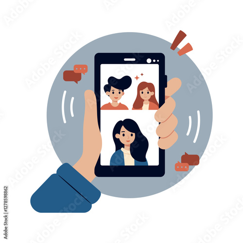 Video conference concept. Friends video call using the smartphone. Human hand hold device with people on screen. Digital technology and communication. Vector flat cartoon illustration.