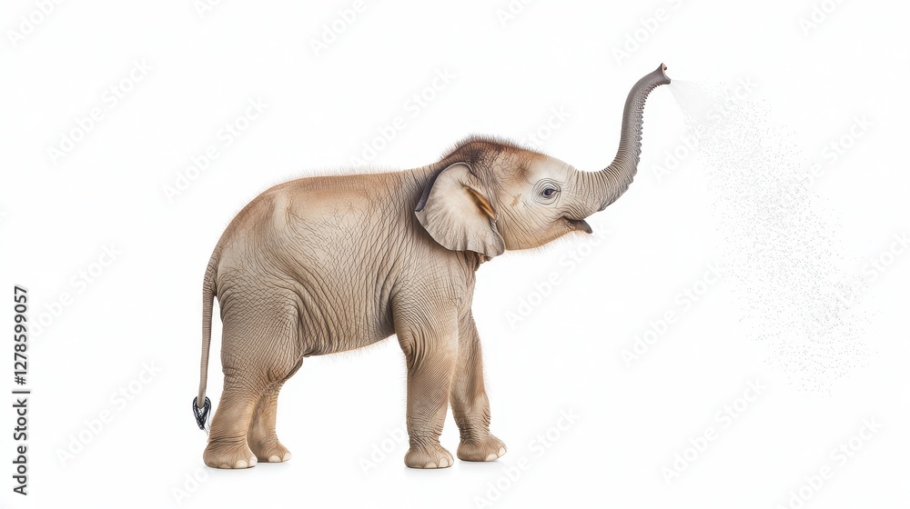Obraz premium Baby elephant spraying water from its trunk in a playful pose against a soft white background