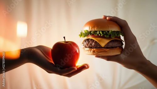 One hand holding apple fruit, other holding hamburger. Healthy natural organic fresh vegetarian food vs unhealthy processed fast junk food meat. Nutrition diet lifestyle, fitness eating choice S