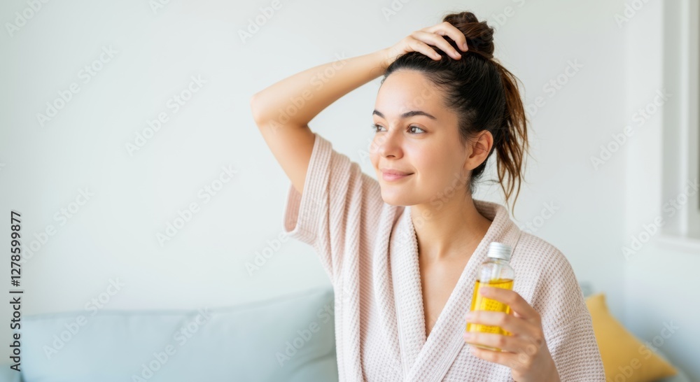 Young woman applying hair oil in relaxing home setting for hair care routine Young woman applying hair oil in relaxing home setting for hair care routine