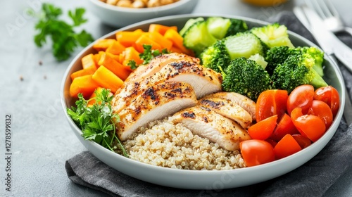 Air fryer recipes quick Healthy bowl featuring grilled chicken, quinoa, and a variety of colorful vegetables.