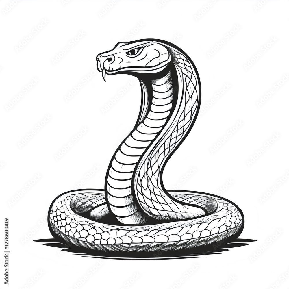 Fototapeta premium Monochrome drawing of a cobra snake showing its hood flare threat posture