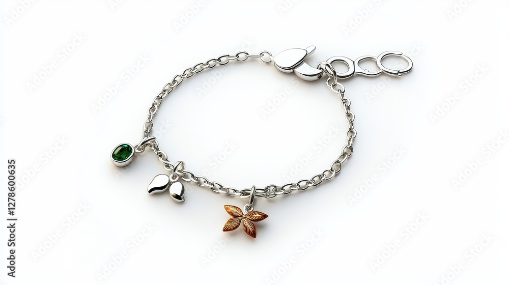 Delicate Silver Bracelet with Unique Charms Featuring Leaf and Flower Designs on a Clean Background Delicate Silver Bracelet with Unique Charms Featuring Leaf and Flower Designs on a Clean Background