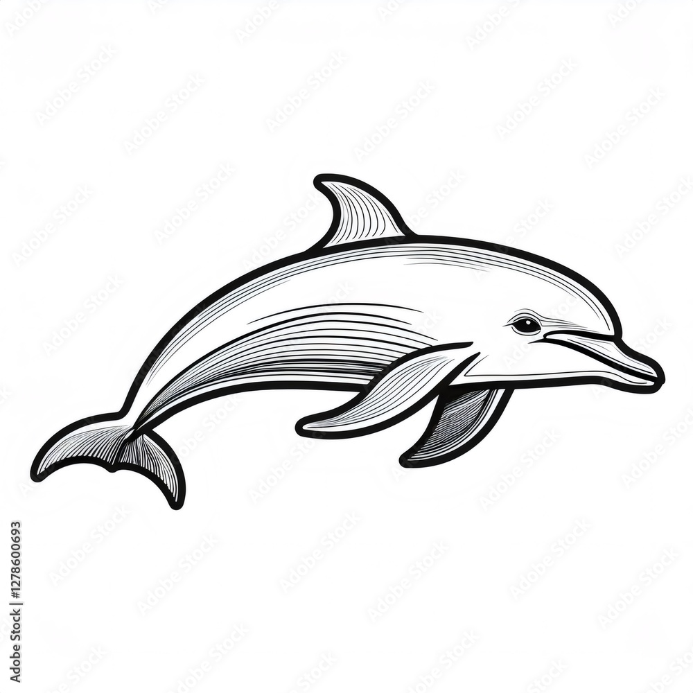 Naklejka premium Black and white line drawing of a dolphin jumping and swimming in the ocean