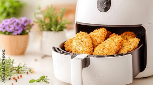 Air fryer recipes quick Air fryer with crispy golden chicken nuggets and fresh herbs in a bright kitchen setting.