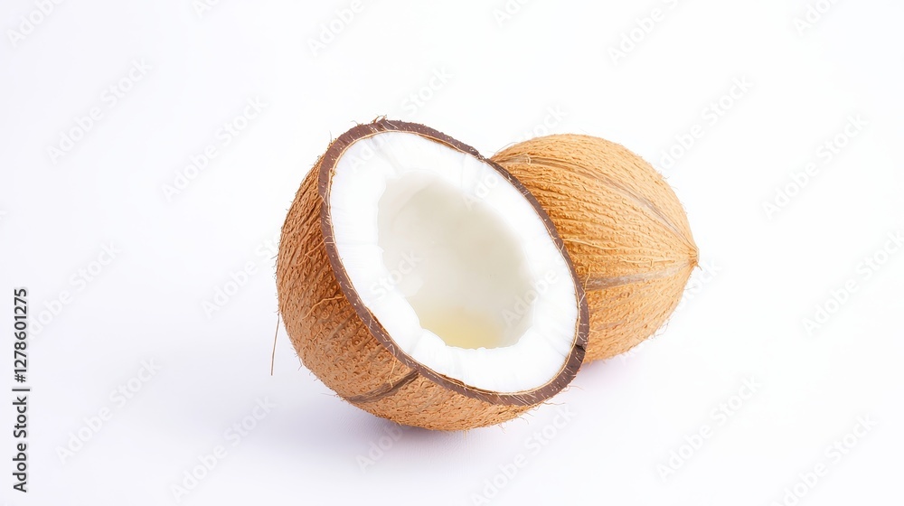 Freshly Cut Coconut with Water Isolated on White Background for Culinary and Beverage Use Freshly Cut Coconut with Water Isolated on White Background for Culinary and Beverage Use