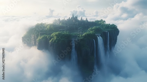 Floating Island Oasis with Waterfalls Surrounded by Soft Clouds and Enchanting Landscape in a Dreamlike Atmosphere