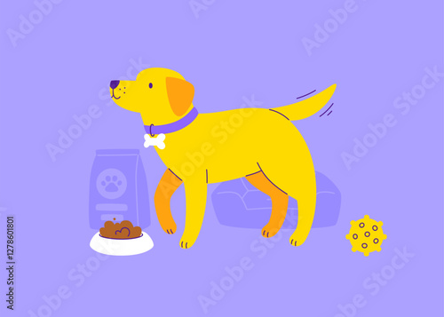 Cartoon flat illustration with dog and food bowl. Cute labrador with grooming accessories.