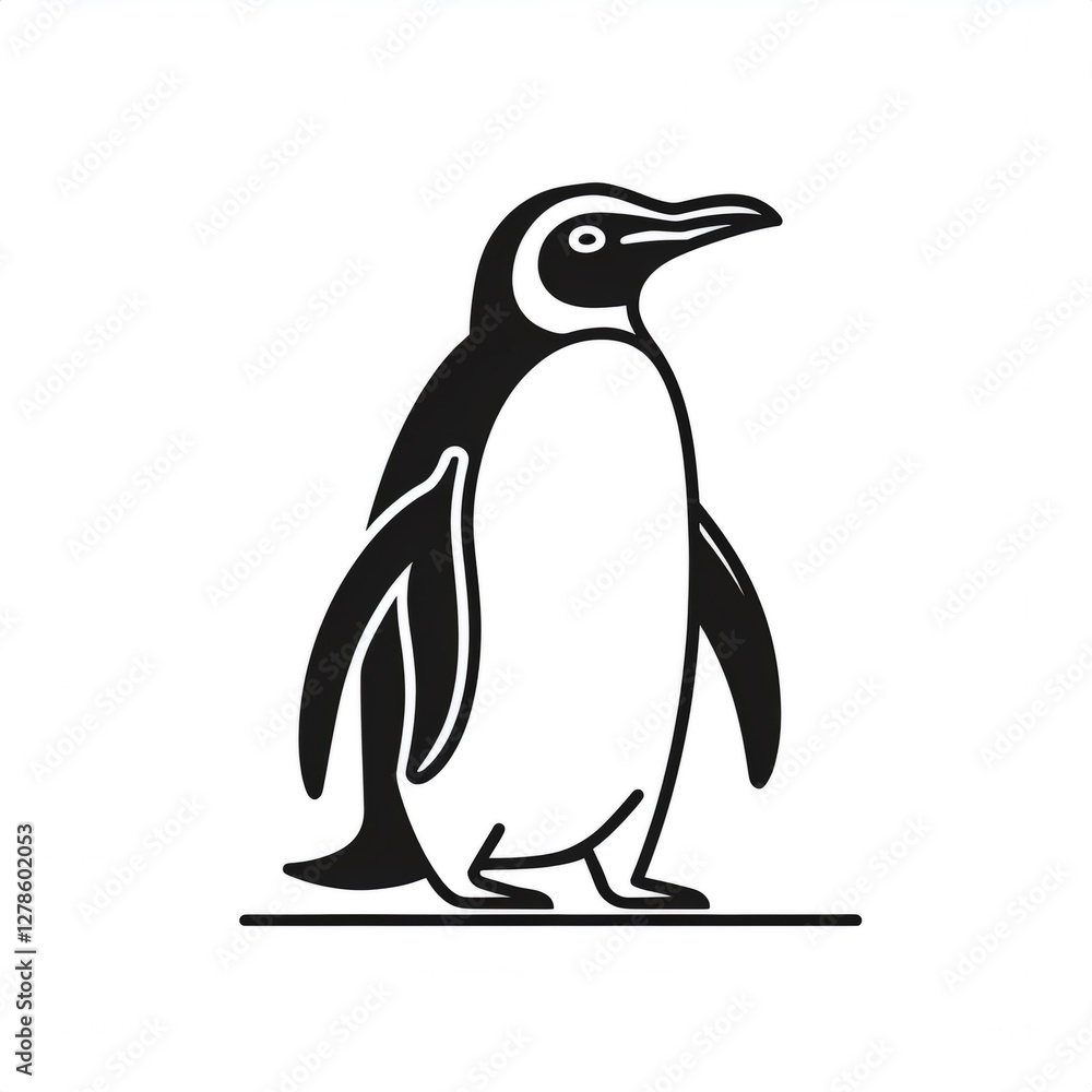 Fototapeta premium Emperor penguin standing, simple black and white lines, minimalist design