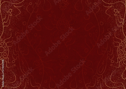 Hand-drawn unique abstract ornament. Light red on a deep red background, with vignette of same pattern and splatters in golden glitter. Paper texture. Digital artwork, A4. (pattern: p13-1a)