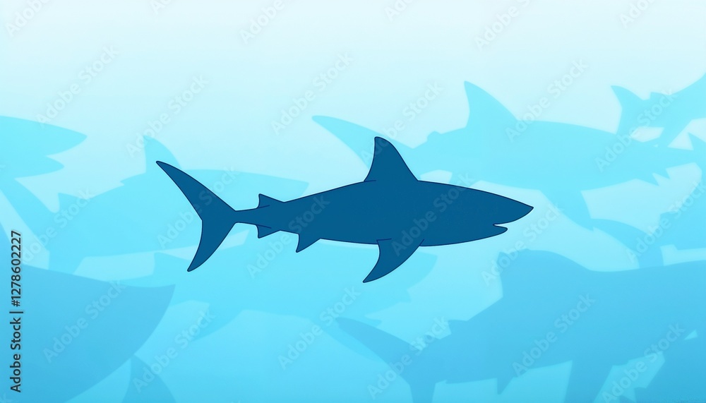 Minimalist silhouette of a shark swimming in blue ocean, tranquil atmosphere, aquatic design, copy space Minimalist silhouette of a shark swimming in blue ocean, tranquil atmosphere, aquatic design, copy space