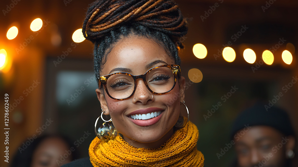 Closeup portrait of a smiling Black woman with dreadlocks styled in a topknot, wearing glasses and a mustard yellow scarf. Closeup portrait of a smiling Black woman with dreadlocks styled in a topknot, wearing glasses and a mustard yellow scarf.